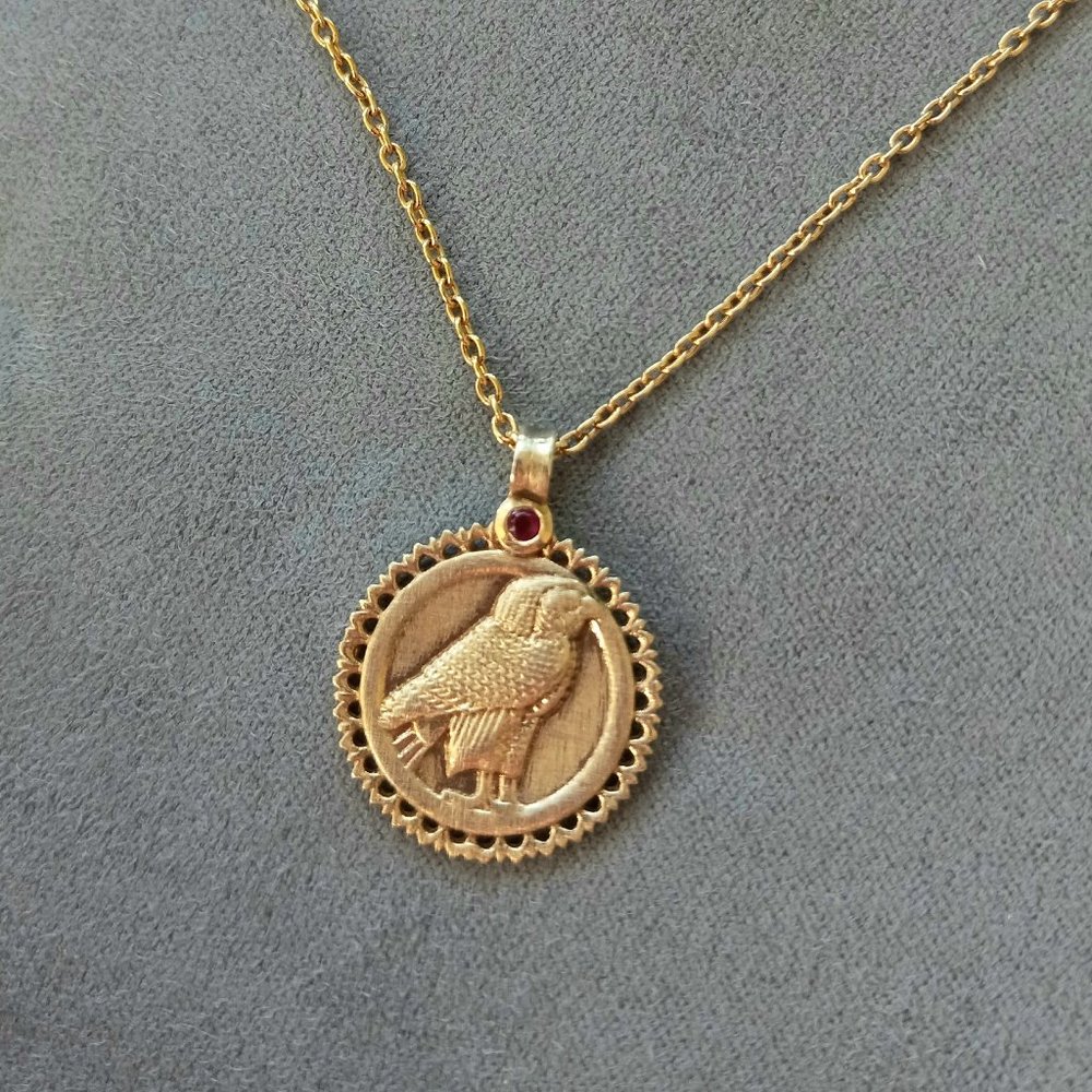 Temple of The Sun Ruby Falcon Coin Necklace
